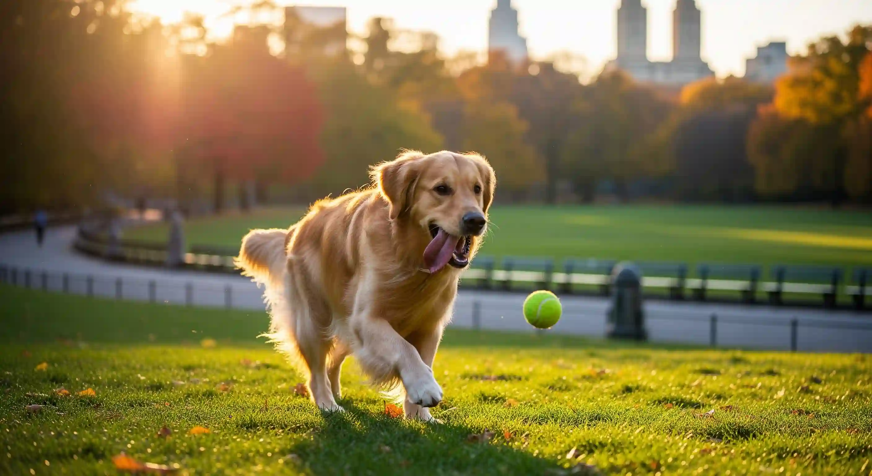 Happy golden retriever dog playing outside in a grassy field